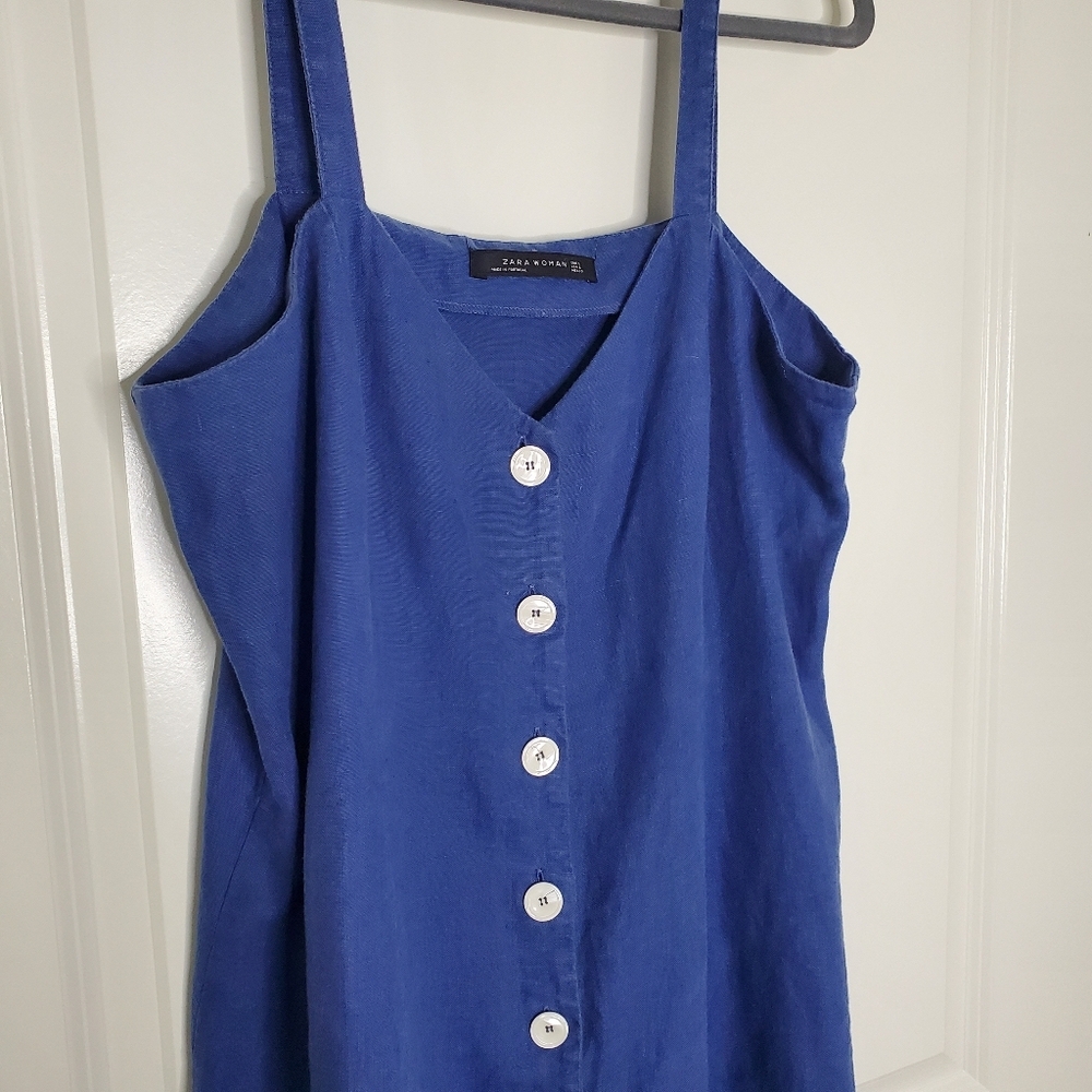 Zara Blue V Neck Button Front Linen Cotton Summer Beach Mini Dress - Picture 4 of 6